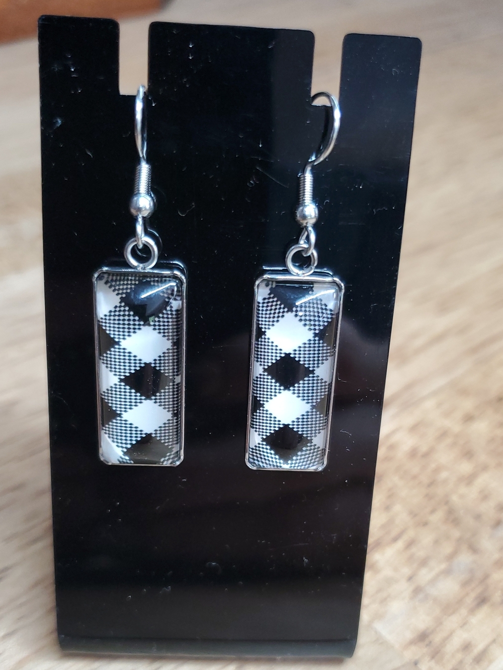 Black and White Plaid Rectangle Drop Earrings - Women Jewelry